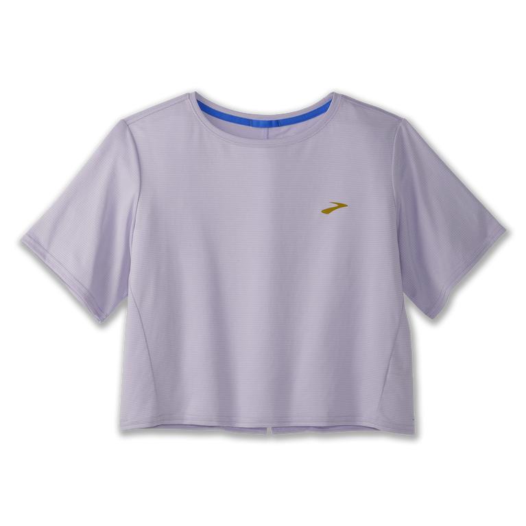 Brooks Run Within Crop Short Sleeve Running Shirt - Women's - Violet Dash Stripe/Lavender Purple (40